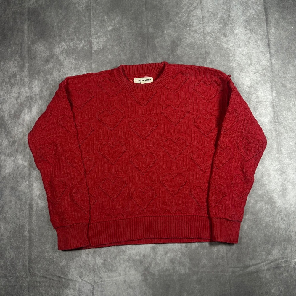 Lucky‎ Brand Womens XS Red Heart Pointelle Knit Crewneck Sweater Valentine Cozy